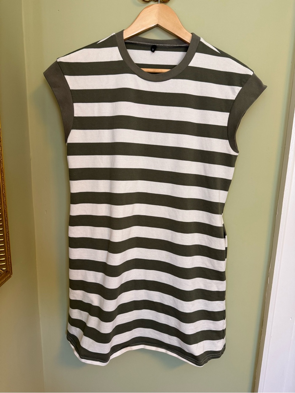 Striped Olive and White Cap-Sleeve Dress